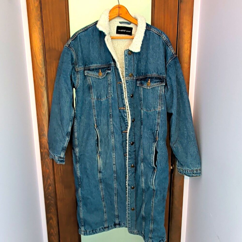 Mustard Seed Longline Denim Jacket Sherpa Lined Blue Jean Coat Women's Medium